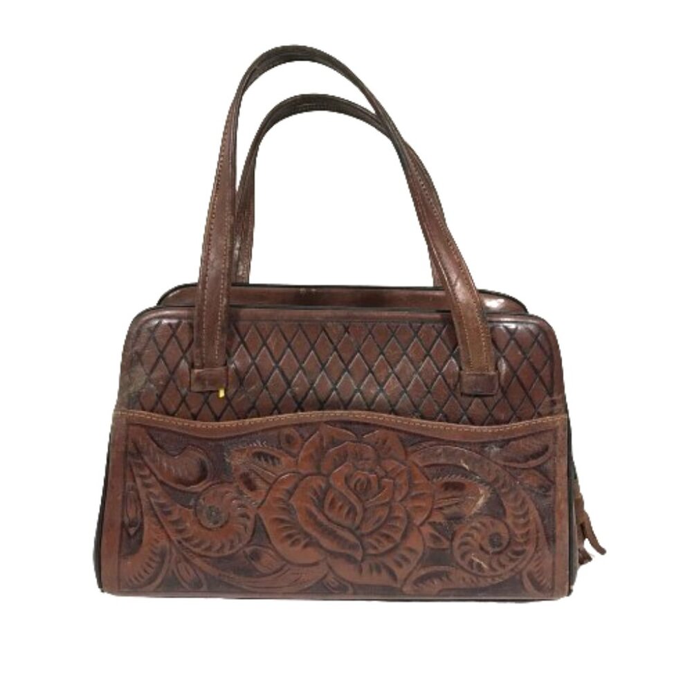 Vintage Tooled Leather Handbag Brown Floral